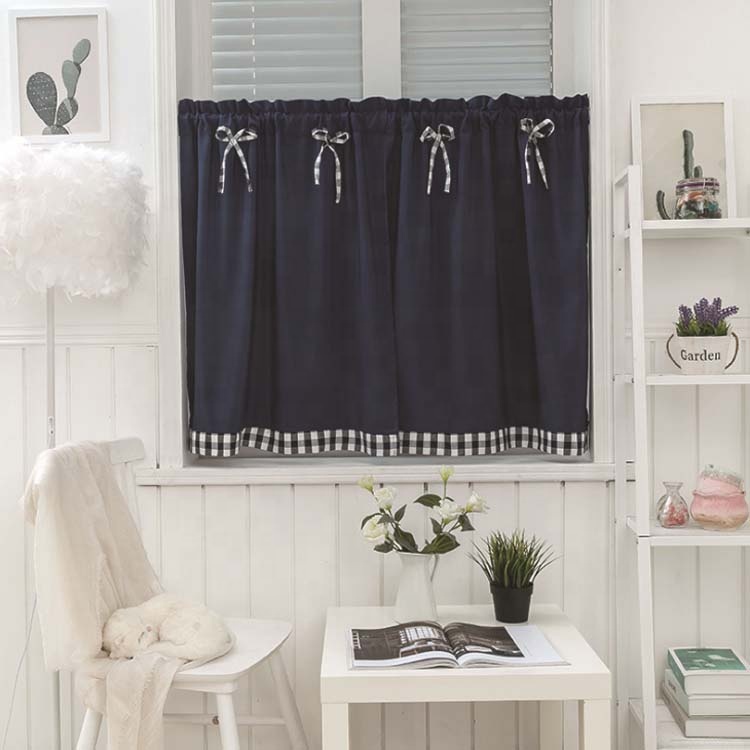 Wholesale Kitchen Curtains Set Home With Tie And Patched With Checker Fabric